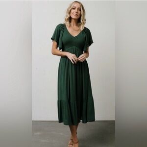 Baltic Born Forest Green V‑Neck Midi Dress with Flutter Sleeves